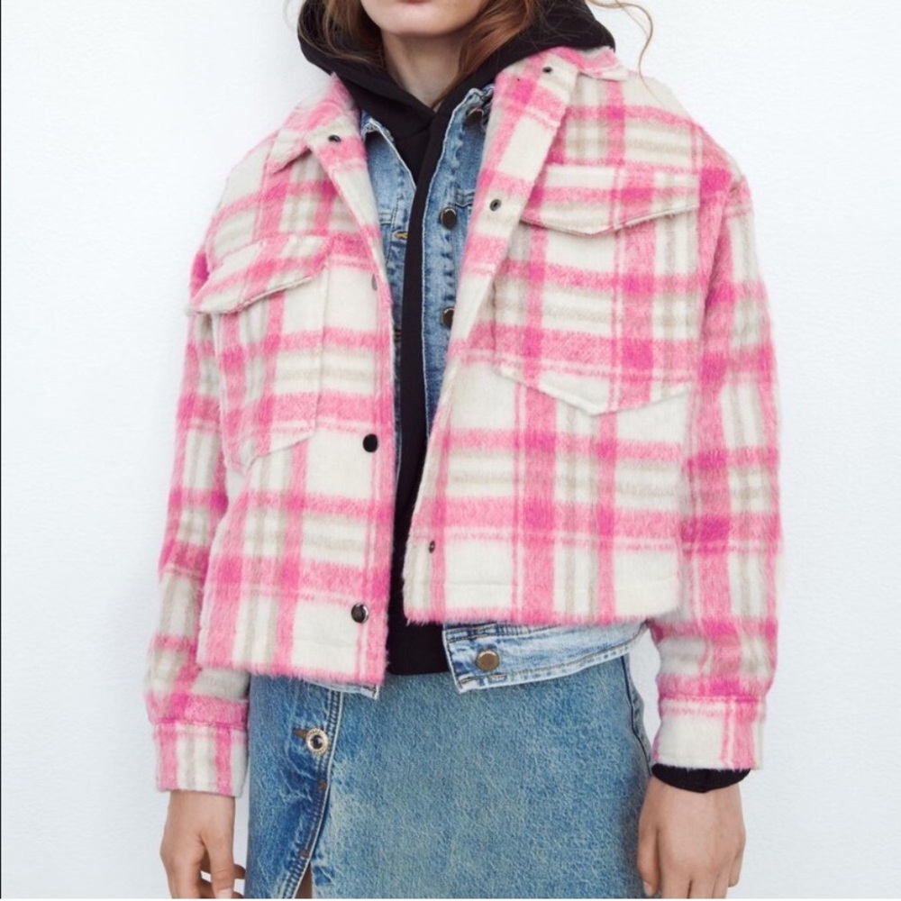 Zara Pink and White Plaid Wool-Blend Cropped Jacket